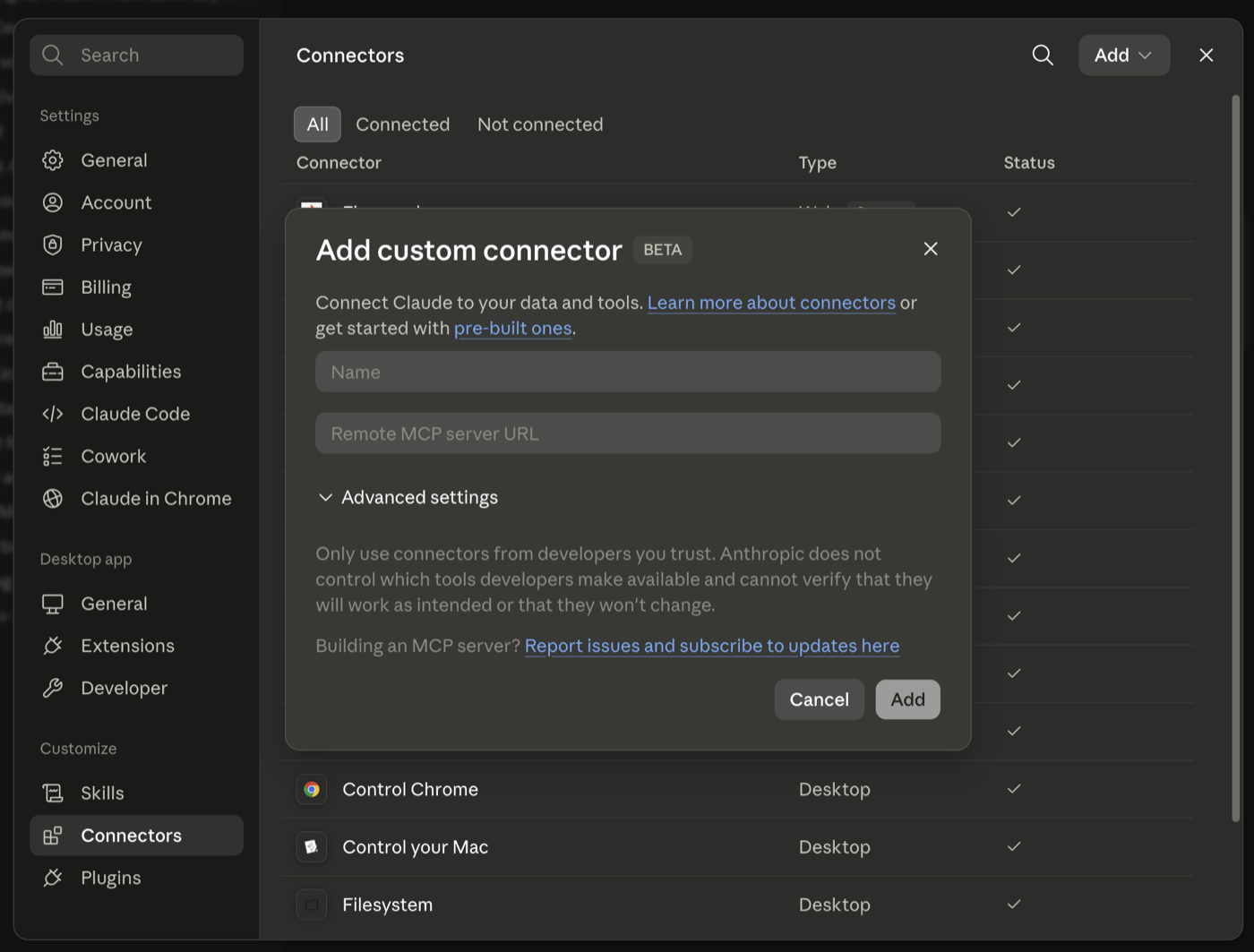 Claude Desktop Settings, Connectors tab, with the Add custom connector dialog open
